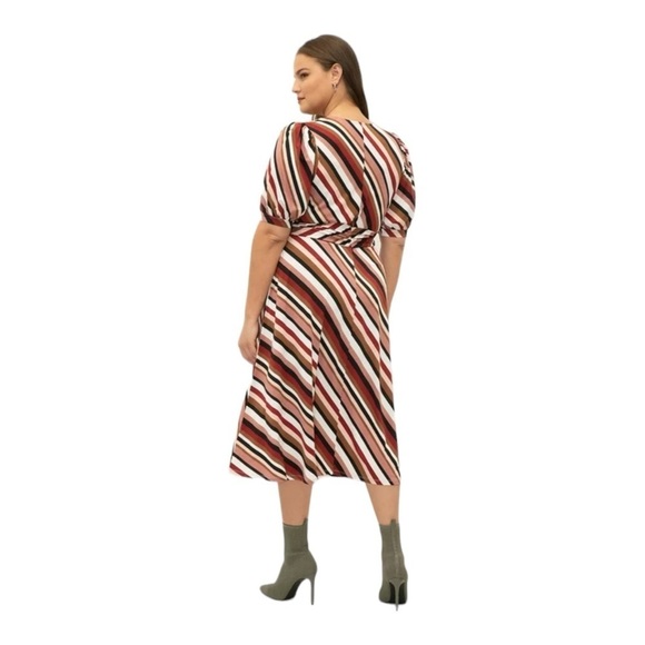 ELOQUII Red Brown Striped Short Sleeve Tie Waist Midi Dress Size 14 Plus Size - Picture 3 of 7